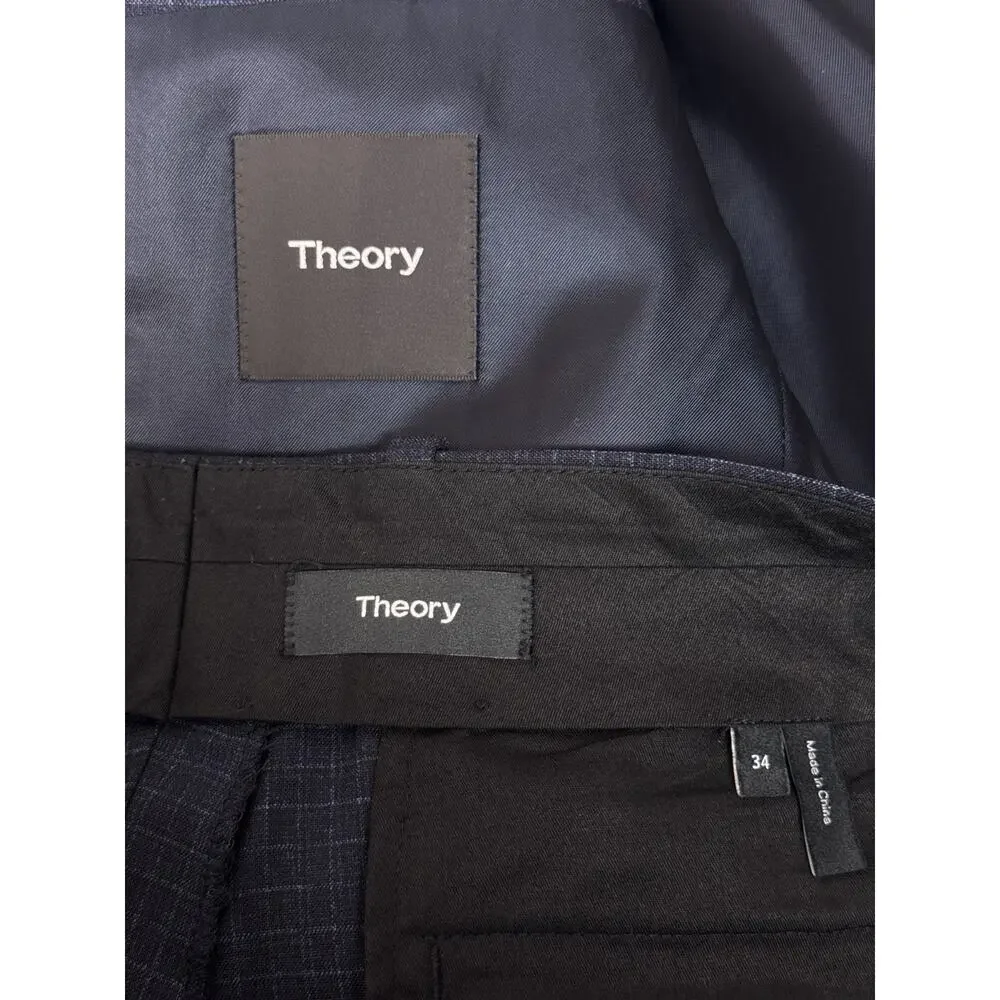 Theory Chambers Slim Fit Suit 42 R Mens Blue Wool Check Plaid 2 Piece